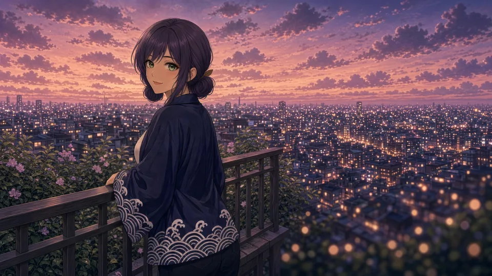Hanae in a patterned haori by a rooftop railing at dusk